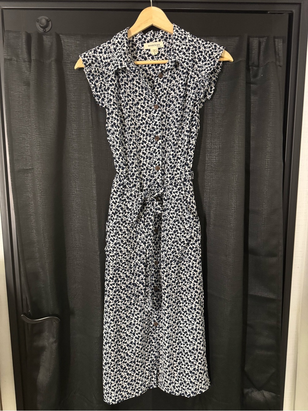 Sleeveless Button-Front Midi Dress in Navy Floral with Tie Waist